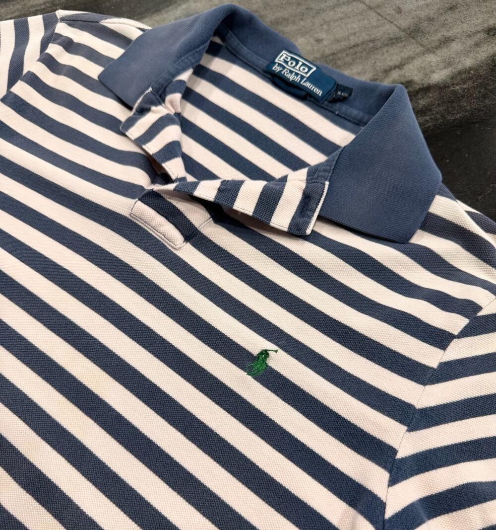 Polo by Ralph Lauren Mens Medium Blue White Striped Polo Shirt Green Pony Cotton